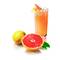 Pohár grapefruitového džúsu s ľadom, ozdobený plátkom pomaranča a grapefruitu. Vedľa neho polovica grapefruitu a citrón.