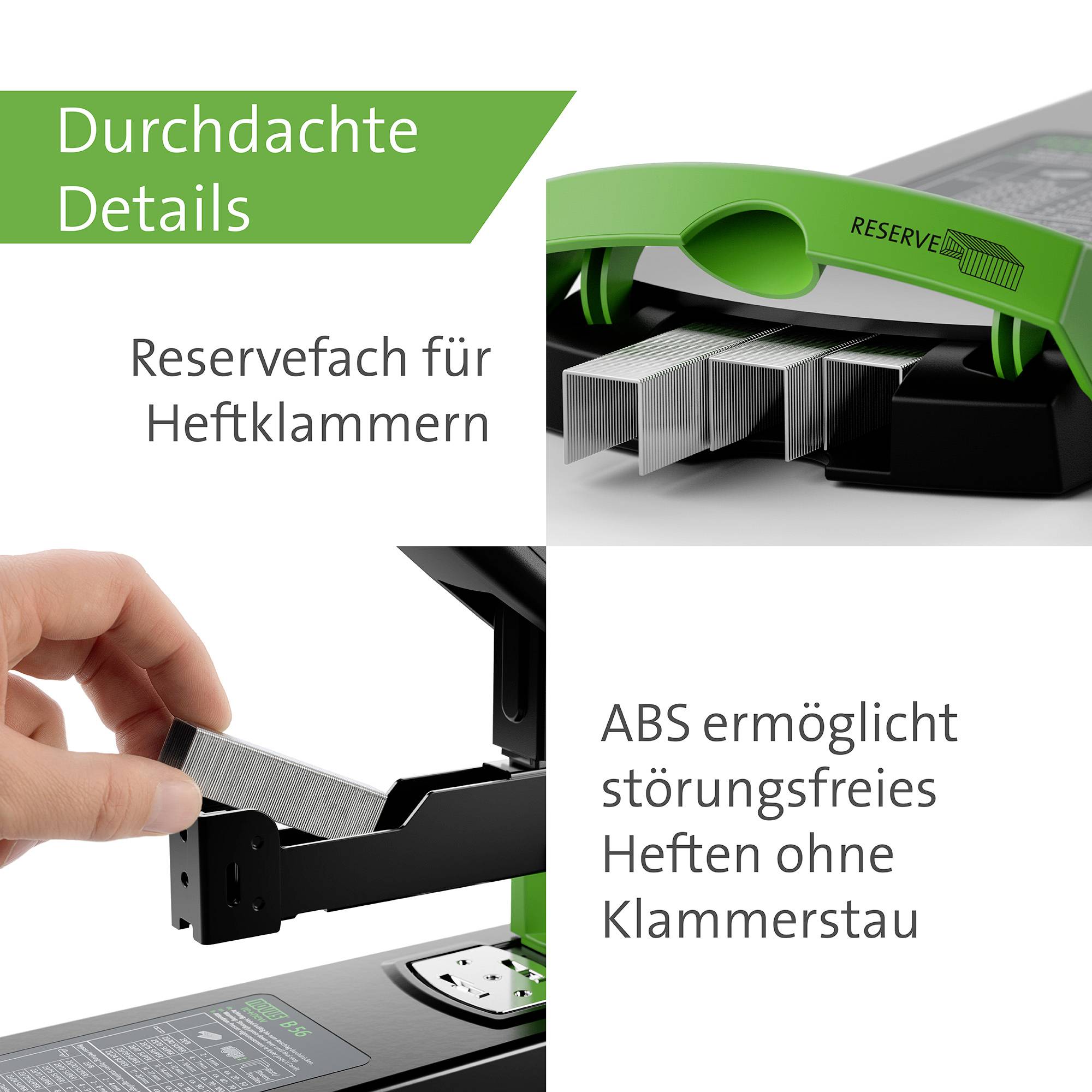 Premyslené detaily so zelenou kancelárskou sponkovačkou a samostatným priestorom na náhradné spony. Ruka vkladá spony. Text: 'ABS umožňuje bezproblémové sponkovanie bez zasekávania zošívačky'.