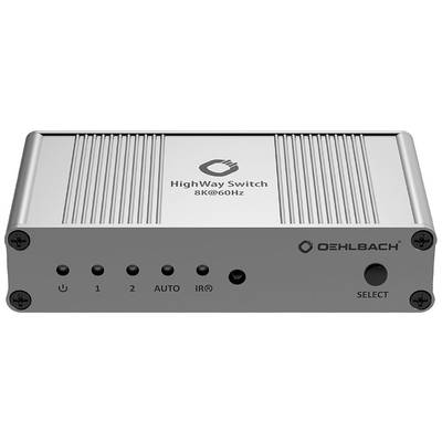 Strieborný HDMI prepínač s nápisom 'HighWay Switch 8K@60Hz' a 'OEHLBACH', ktorý ukazuje tlačidlá pre vstupy a prepínač výberu.
