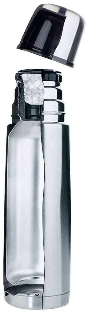 Strieborná sifónová fľaša s odstránenou hornou časťou ukazuje vložený CO2 valec.