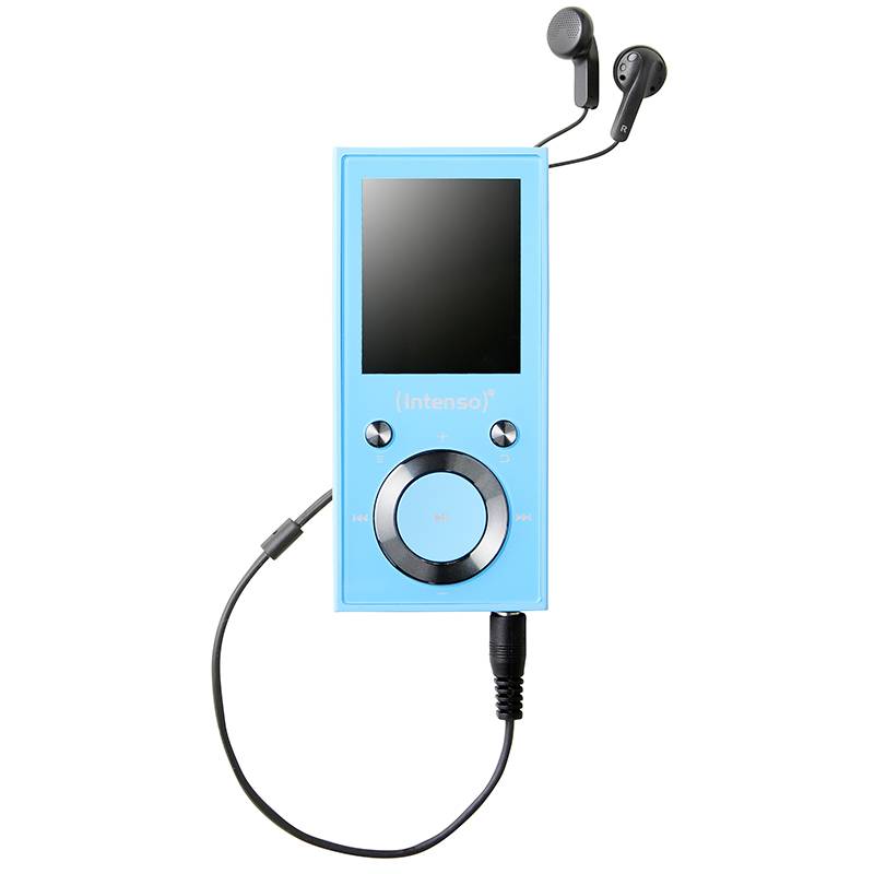 Modrý MP3 prehrávač so slúchadlami, displejom a ovládacími tlačidlami.