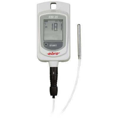 DátovýLogger 'EBI 25' s displejom zobrazuje teplotu -18,1°C. Strieborný senzor pripojený čiernym káblom.