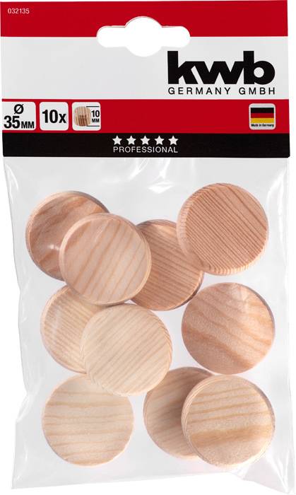 Balenie obsahuje desať okrúhlych drevených krytiek s priemerom 35 mm od spoločnosti 'kwb Germany GmbH'. Balenie je označené nemeckou vlajkou.