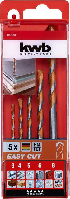 Balenie piatich vrtákov od spoločnosti 'kwb Germany GmbH', označené ako 'Easy Cut', vhodné pre rôzne materiály ako drevo a kov.