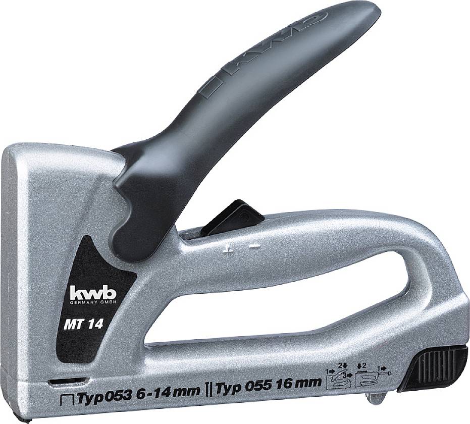 Ručná sponkovačka s ergonomickou rukoväťou, vhodná pre sponky od 6 do 16 mm. Značka a typ výrobku sú zobrazené na boku.