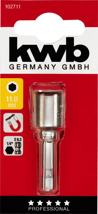 'kwb Germany GmbH' Nástavec na zástrčný kľúč, 11 mm, 1/4" pohon, zabalený na červeno-čiernej karte. Návrh zobrazuje detaily nástroja.