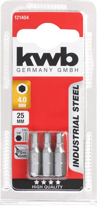 Balenie obsahuje tri oceľové bitové skrutkovače, 4,0 mm, dlhé 25 mm, v striebornej farbe. Značka: 'kwb Germany GmbH', určené pre priemyselné použitie.