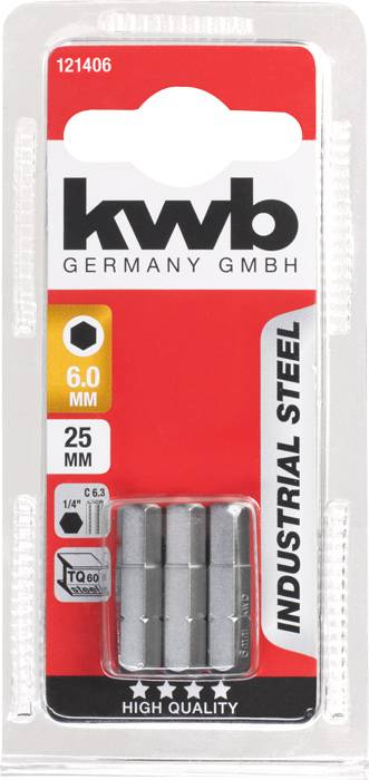 Balenie s názvom značky 'kwb Germany GmbH', obsahuje štyri vrtáky z ocele, veľkosť 6,0 mm a dĺžka 25 mm, 'Priemyselná oceľ', 'Vysoká kvalita'.