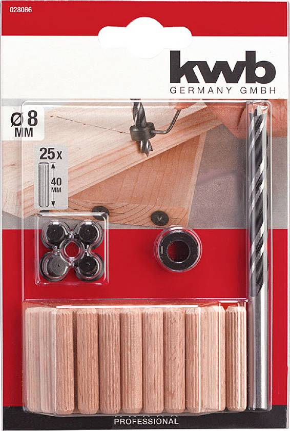 Drevený sádrovací set od KWB s priemerom 8 mm, vrátane vrtáku a pomocníkov na umiestňovanie, vhodný pre opracovanie dreva.