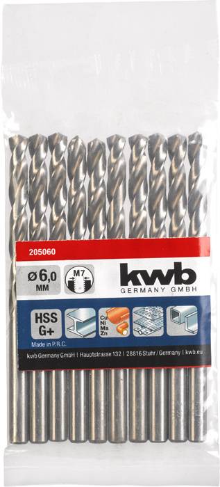 Balenie obsahuje desať kovových vrtákov značky kwb, priemer 6,0 mm, vhodné pre drevo, kov a plast. Kvalita HSS G+.