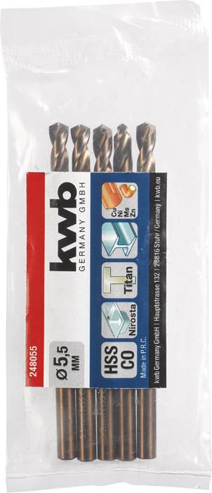 Päť kovových vrtákov s HSS TiN povrchovou úpravou od 'kwb Germany', priemer 5,5 mm. Obal zobrazuje logo značky a dôležité špecifikácie.