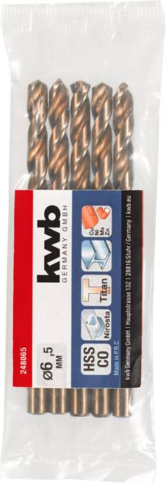Balenie s piatimi HSS-kobaltovými vrtákmi značky 'kwb Germany' na obrábanie kovov. Priemer 6,5 mm.