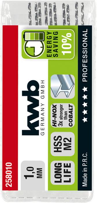 Balenie s 1,0 mm HSS vrtákmi značky 'kwb', s úsporou energie a dlhou životnosťou, vhodné pre obrábanie kovu.