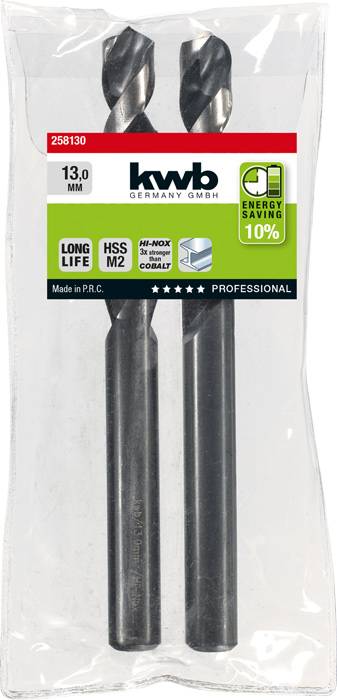 Dva čierne kovové vrtáky značky kwb, veľkosť 13,0 mm, balené v priehľadnom plastovom obale. Vhodné pre profesionálne použitie a energeticky úsporné.