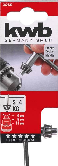 Kľúč na vŕtačky pre Black & Decker a Makita. Na obale uvedené 'kwb Germany GmbH'. Veľkosti: 6 mm, 8 mm, 13 mm.