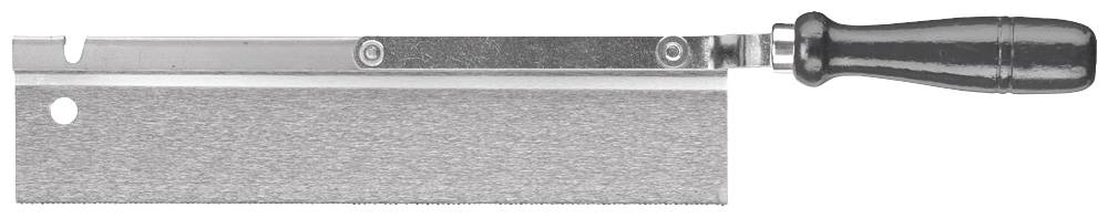 Kovová píla s čiernou rukoväťou a zúbkovaným čepeľou, ktorá sa používa na rezanie dreva a kovu.
