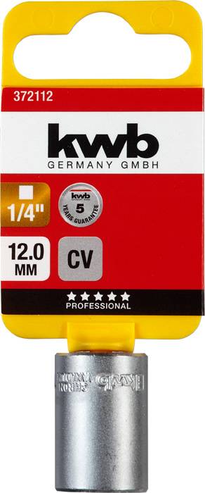 Nástrčkový kľúč 12 mm, 1/4 palca, produktový kód 372112, značka KWB, pre profesionálne použitie, chróm-vanádiová oceľ.