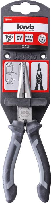 Kliešte s čiernou rukoväťou a strieborným hrotom. Balenie zobrazuje značku 'kwb', veľkosť 165 mm a normy 'DIN ISO 5745'.