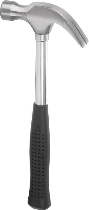 Kovové kladivo s čiernou rukoväťou na bielom pozadí, vhodné na zatĺkanie klincov alebo ako náradie pre stavebné práce.