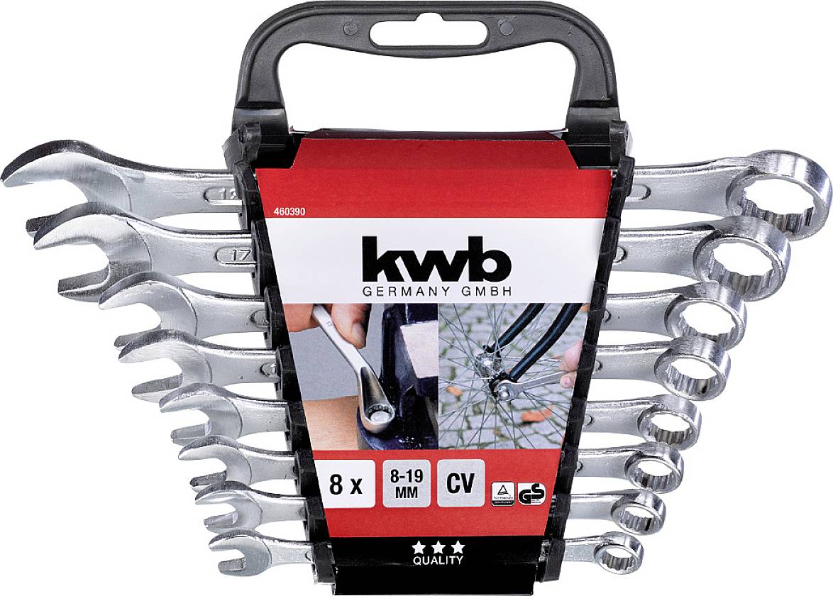 Sada ôsmich otvorených plochých kľúčov, veľkosti 8 až 19 mm, balená v prenosnom puzdre od KWB s obrázkami použitia.