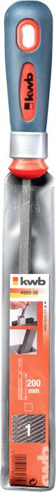 Kovový pilník s ergonomickou rukoväťou, zabalený v priehľadnom obale. Na obale je napísané 'kwb' a '200 mm'.