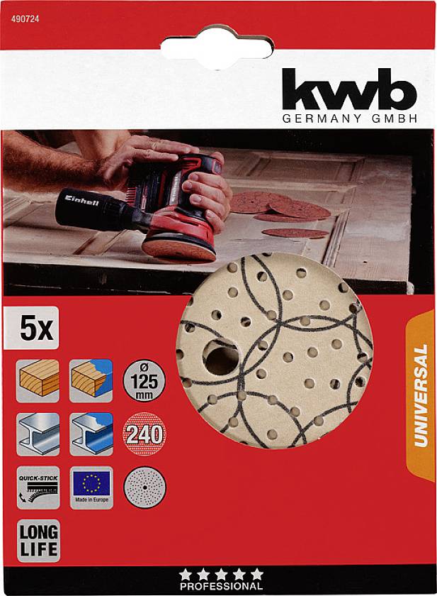 Balenie brúsnych kotúčov: Obsahuje 5 kusov, vhodné pre drevo a kov, priemer 125 mm, zrnitosť 240, rýchlo-upevňovací systém.