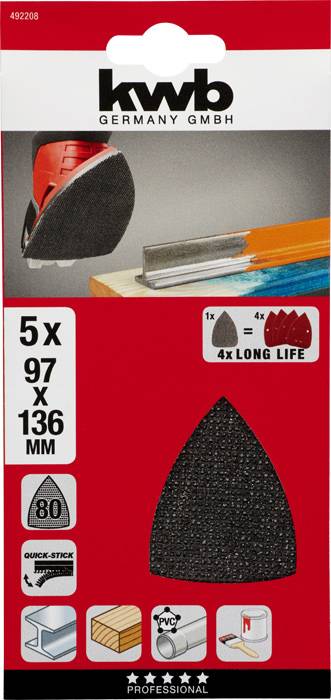 Balenie pre 5-dielnu sadu brúsnych papierov značky KWB, rozmer 97 x 136 mm, vhodné pre drevo, farbu a PVC, zobrazuje ilustrácie brúsnych papierov a rýchlej montáže.