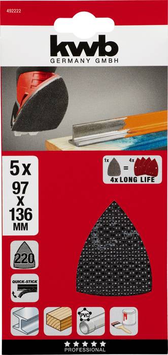 Balenie 'kwb Germany GmbH' pre brúsny papier, 5 kusov po 97 x 136 mm. Vhodné pre drevo, farbu, PVC, s dlhou životnosťou.
