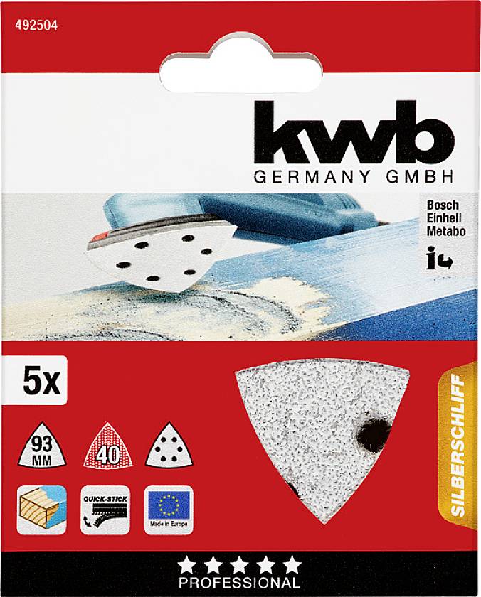 'kwb Brúsny papier' pre Bosch, Einhell, Metabo: 5 trojuholníkových listov, zrnitosť 40. Vhodný pre drevo. Obal produktu ukazuje brúsku v akcii.