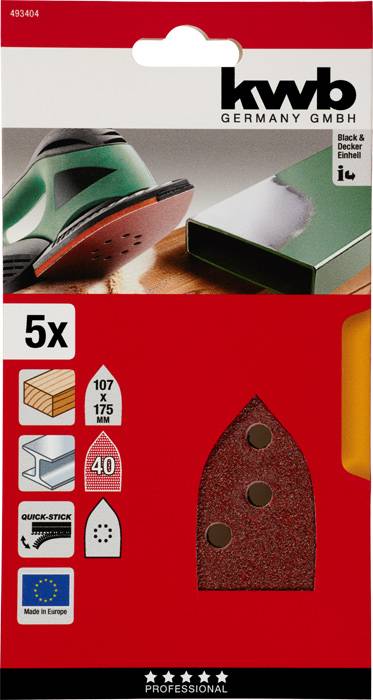 'Sada brúsnych papierov pre Black & Decker Einhell, 5 kusov, zrnitosť 40, rozmery 107 x 175 mm. Rýchle uchytenie, vyrobené v Európe.'