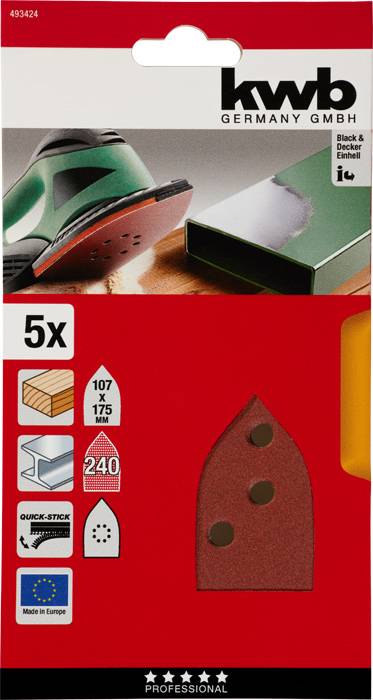 'Balenie pre KWB brúsne listy, balenie po 5 kusov, veľkosť 107x175 mm, s tromi otvormi, zrnitosť 240, vhodné pre delta brúsku.'