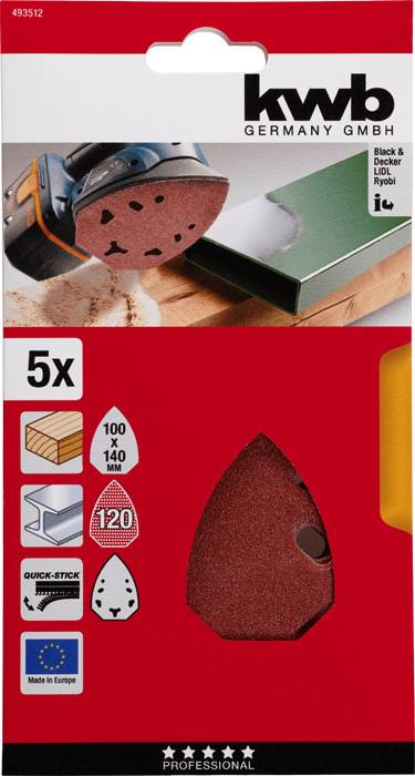 Sada brúsneho papiera, kompatibilná s Black & Decker. Obsahuje 5 brúsnych listov, tvar: trojuholník, zrnitosť: 120, rozmery: 100x140 mm.