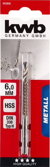 Vrták HSS s priemerom 6 mm od 'kwb Germany GmbH' na opracovanie kovu. Obal zobrazuje vrták a produktové informácie.