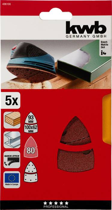 'kwb brúsny papier pre multibúsku, 5 kusov. Zrnitosť 80, 93 mm x 100x62 mm, vhodný pre brúsky Bosch. Rýchlovýmenný systém.'