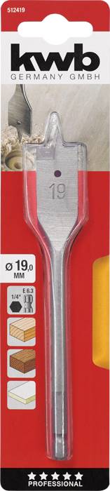 Vrták od 'kwb GERMANY GMBH', priemer 19 mm, vhodný na vŕtanie do dreva. Obal zobrazuje možnosti použitia a detail vrtáka.