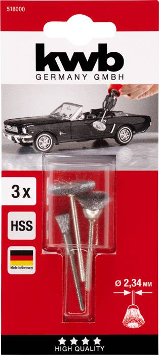 'Tri HSS-kartáčové nástavce, priemer 2,34 mm, v balení od kwb Germany GmbH, s obrázkom čierneho kabrioletu v pozadí.'