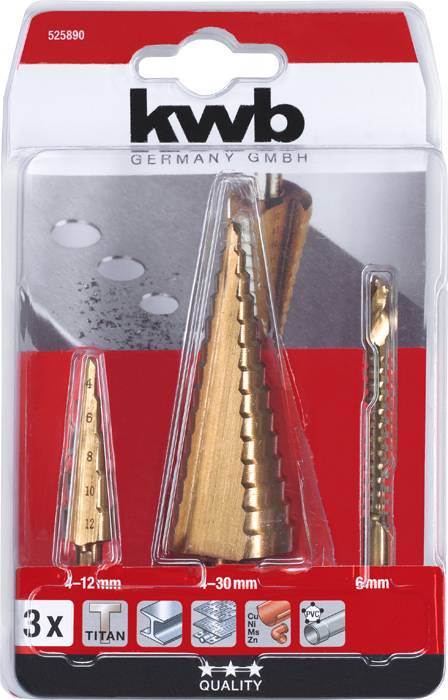 Balenie obsahuje tri titánové stupňovité vrtáky značky KWB na opracovanie kovu a plastu, veľkosti: 4-12 mm, 6 mm a do 30 mm.
