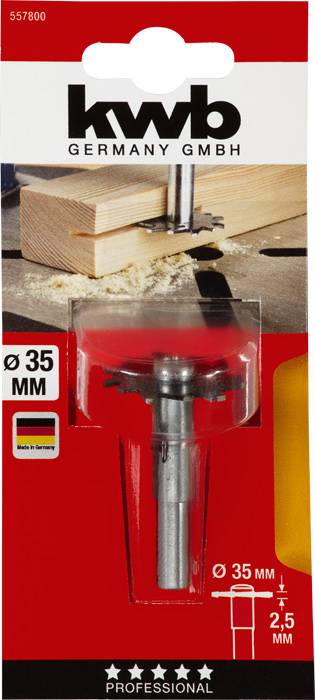 Vrták Forstner s priemerom 35 mm na obale spoločnosti KWB Germany GmbH, vhodný pre profesionálne opracovanie dreva.