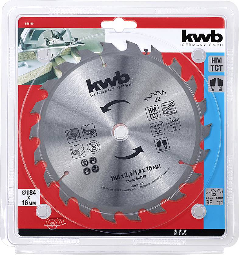 Kotúč pílový od KWB Germany, priemer 184 mm, vhodný na drevo a kov. Balenie obsahuje špecifikácie a pokyny na použitie.