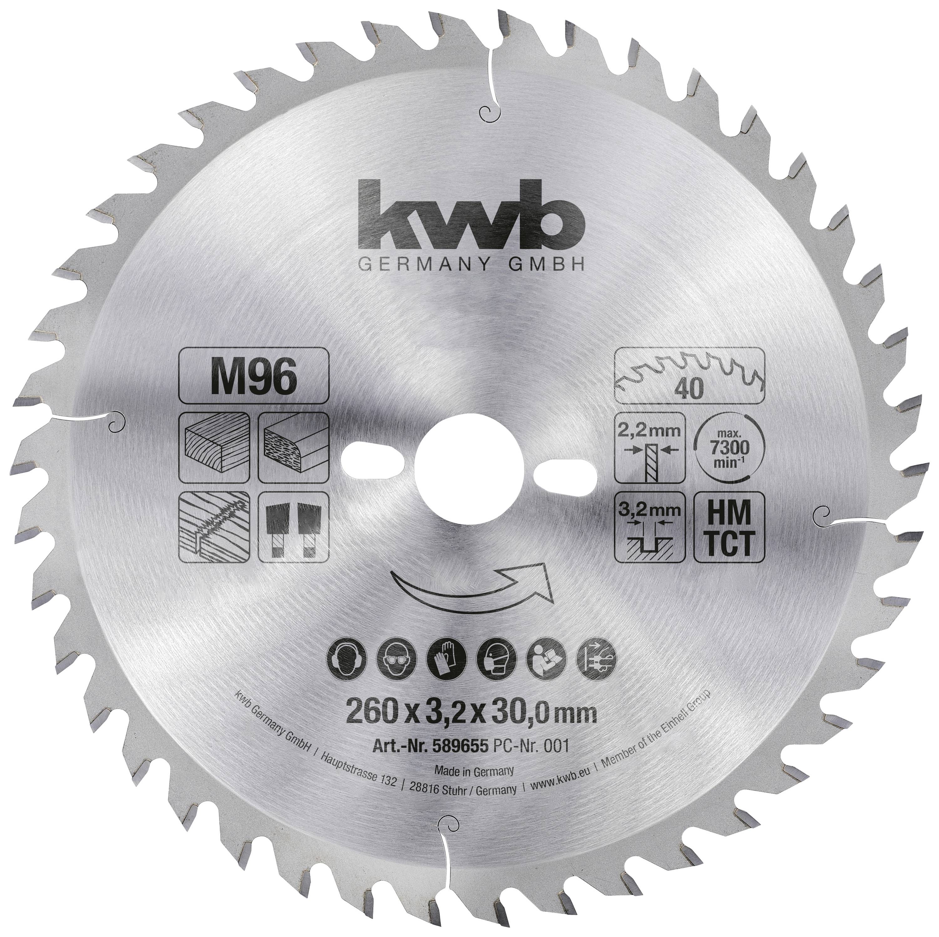 Pílový list s logom Kwb, vhodný na drevo, plasty a ľahké kovy. Priemer 260 mm, 40 zubov, max. 7300 ot./min.