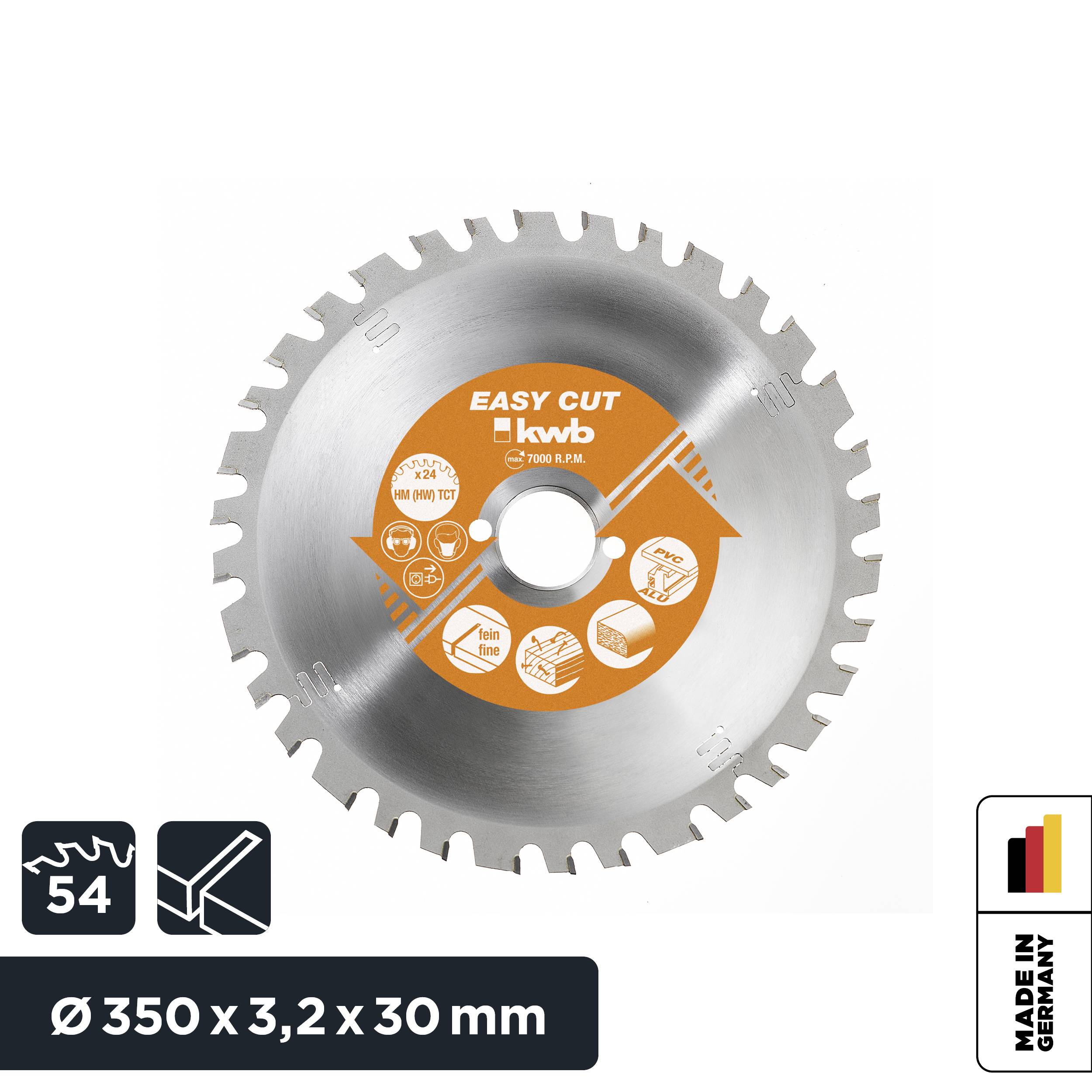 Kotúč pílový 'EASY CUT' od kwb, priemer 350 mm, 54 zubov, šírka rezu 3,2 mm, priemer otvoru 30 mm, vyrobené v Nemecku.