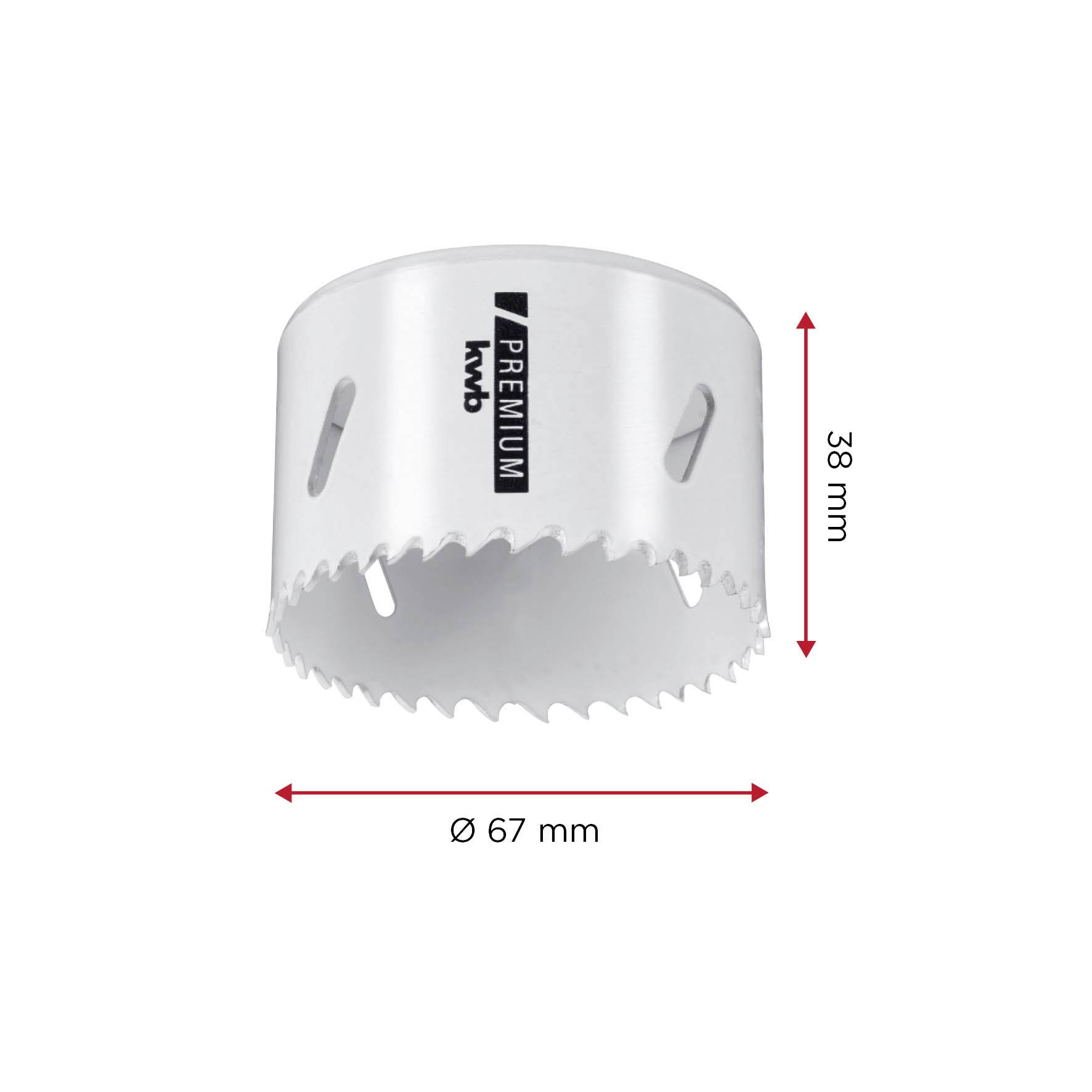 Vŕtacia koruna v bielej farbe, priemer 67 mm a výška 38 mm, s nápisom 'PREMIUM' a logom značky na povrchu.