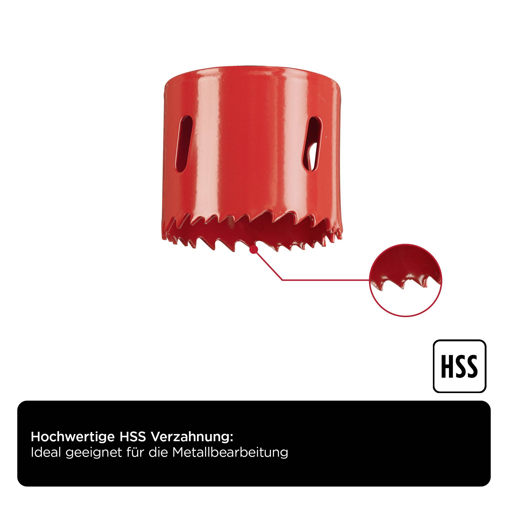 Červený HSS vrták so zúbkovaním na obrábanie kovu. Detailný záber ukazuje charakteristiky zubov. Text: 'Vysokokvalitné HSS zúbkovanie'.