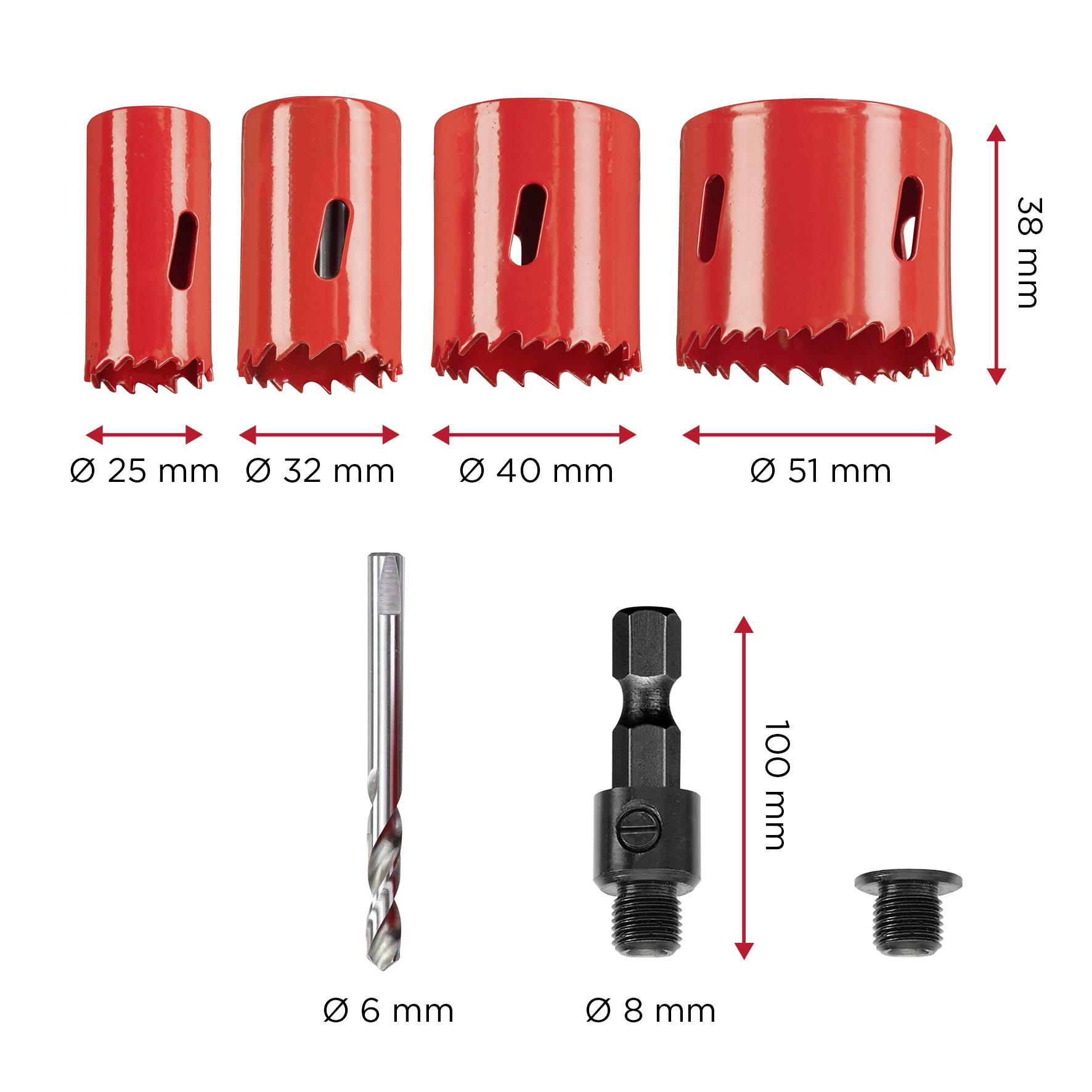 Štyri červené dierové píly s rôznymi priemermi (25 mm, 32 mm, 40 mm, 51 mm) hore, dole vrtáky (6 mm), adaptér (8 mm) a skrutka.