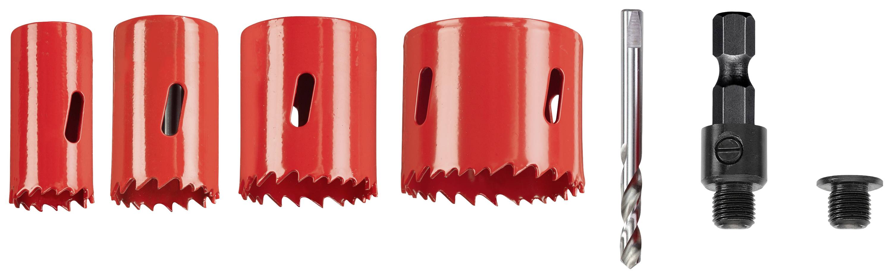 Červená sada dierovacích píl s piatimi nástavcami rôznych veľkostí a dvomi nástrčnými kľúčmi, zoradená vedľa seba.