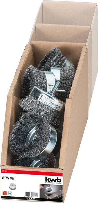 Drôtené kefy značky kwb v otvorenom hnedom kartóne. Na obale sú uvedené špecifikácie Ø 75 mm.