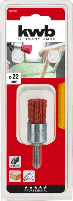 'Kwb Nylonová kefa Ø 22 mm' v červenej farbe, balená v blistrovom obale. Výrobca: kwb Germany GmbH. Vhodná pre presné čistiace práce.