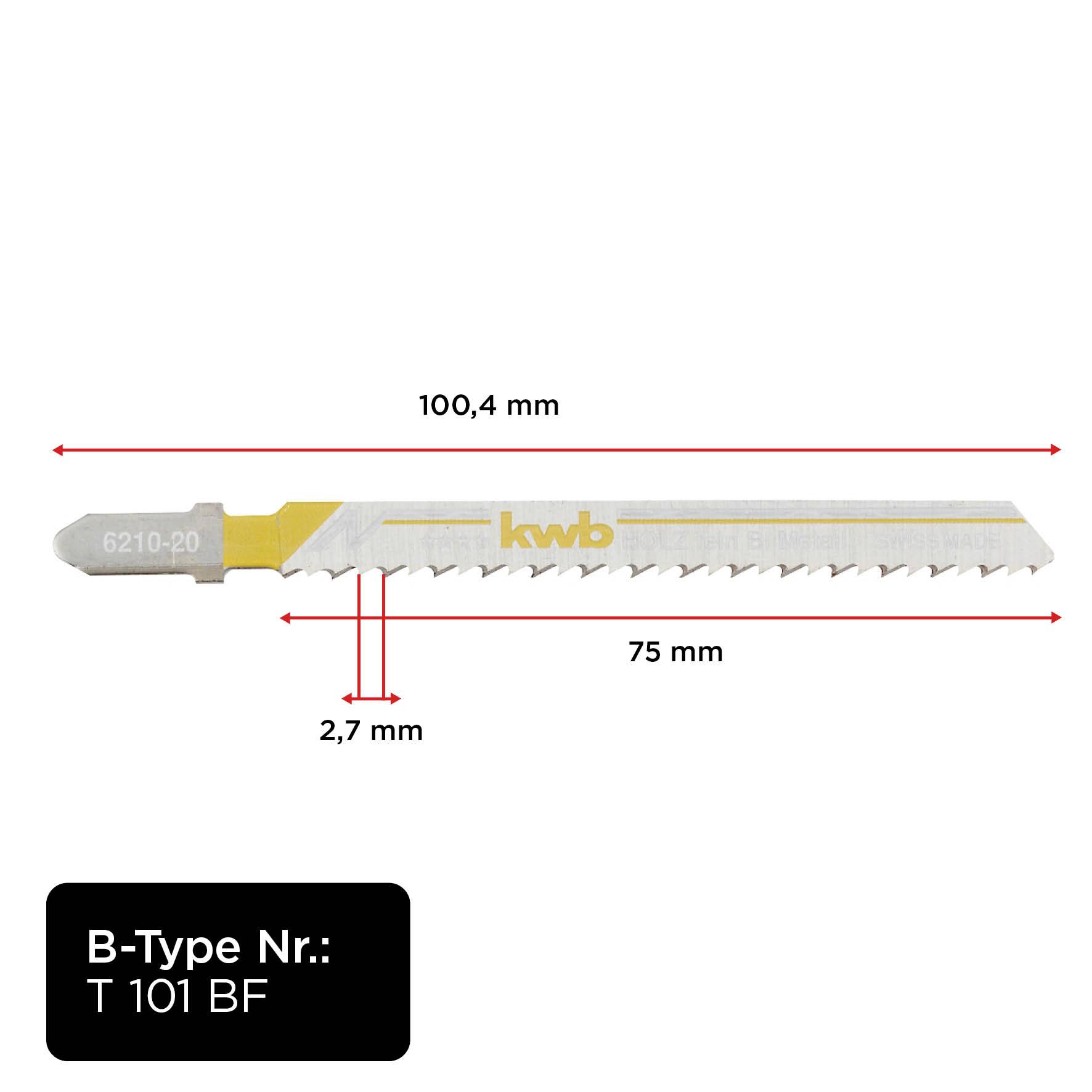 Pílový list z kovu s dĺžkou 100,4 mm. Označený 'kwb'. Rozmery: 100,4 mm celková dĺžka, 75 mm chrbát píly, 2,7 mm hrúbka zubov.