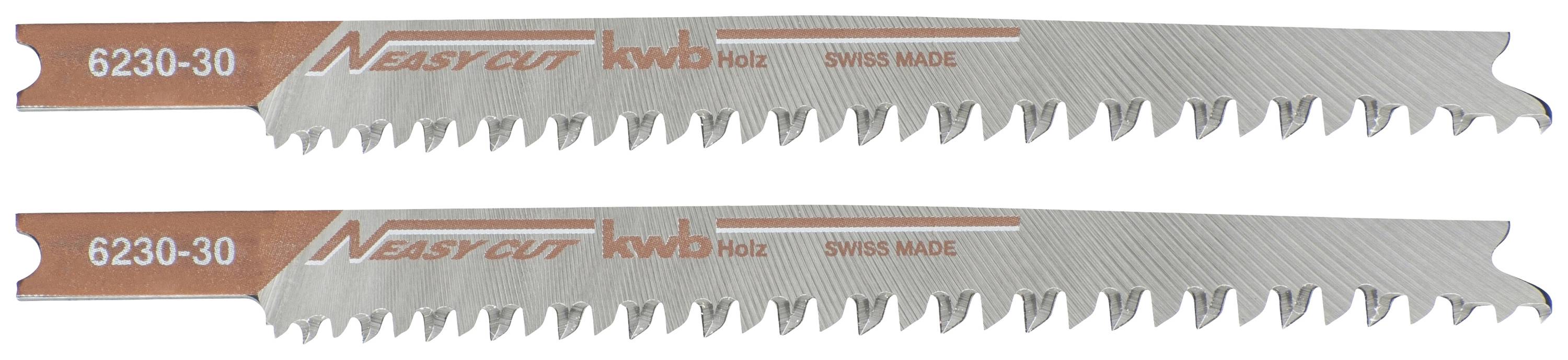Dva kovové pílové listy s nápisom 'EASY CUT kwb Holz SWISS MADE', vhodné na rezanie dreva.