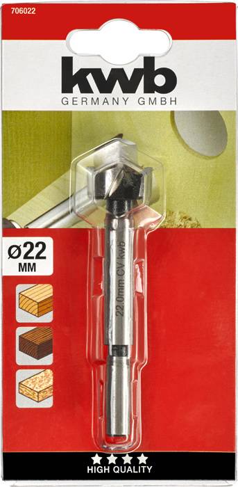 'kwb Germany GmbH' vrták do dreva (Forstnerbohrer), priemer 22 mm, vhodný pre mäkké aj tvrdé drevo. Vyobrazenie produktu na červenom obale.